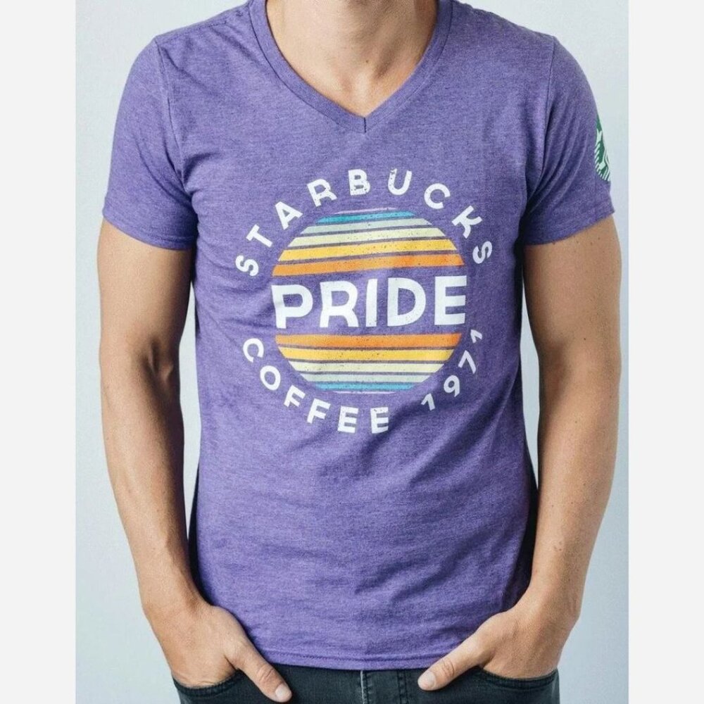 Starbucks - 1971 Pride V-Neck Tee | Size Medium Unisex | Purple Heather Rainbow